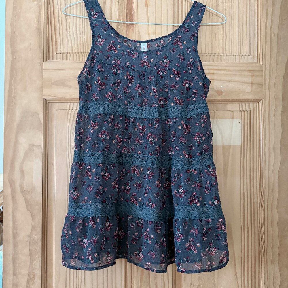 Xhilaration Floral Tunic Sheer Top Gray Pink S/M